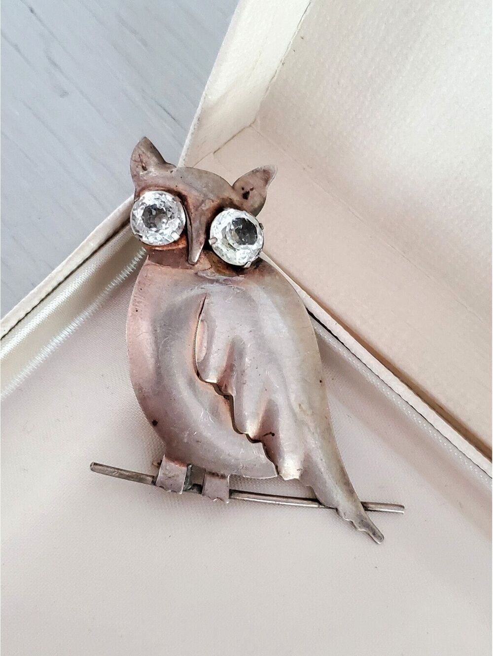 Vintage Sterling Silver Owl with Rhinestone Eyes Brooch